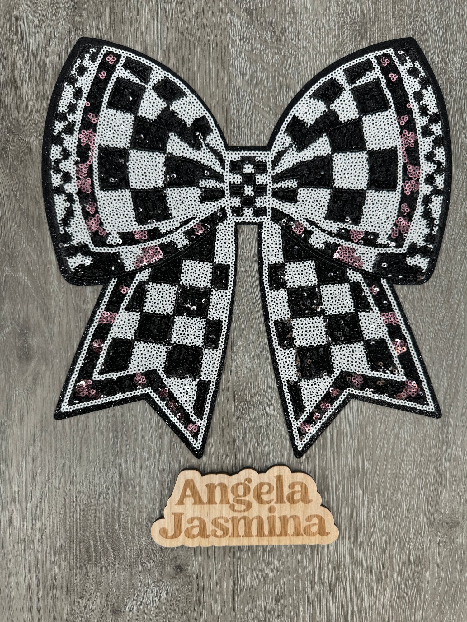 Checkered Black White Pink Sequins Bow Patch