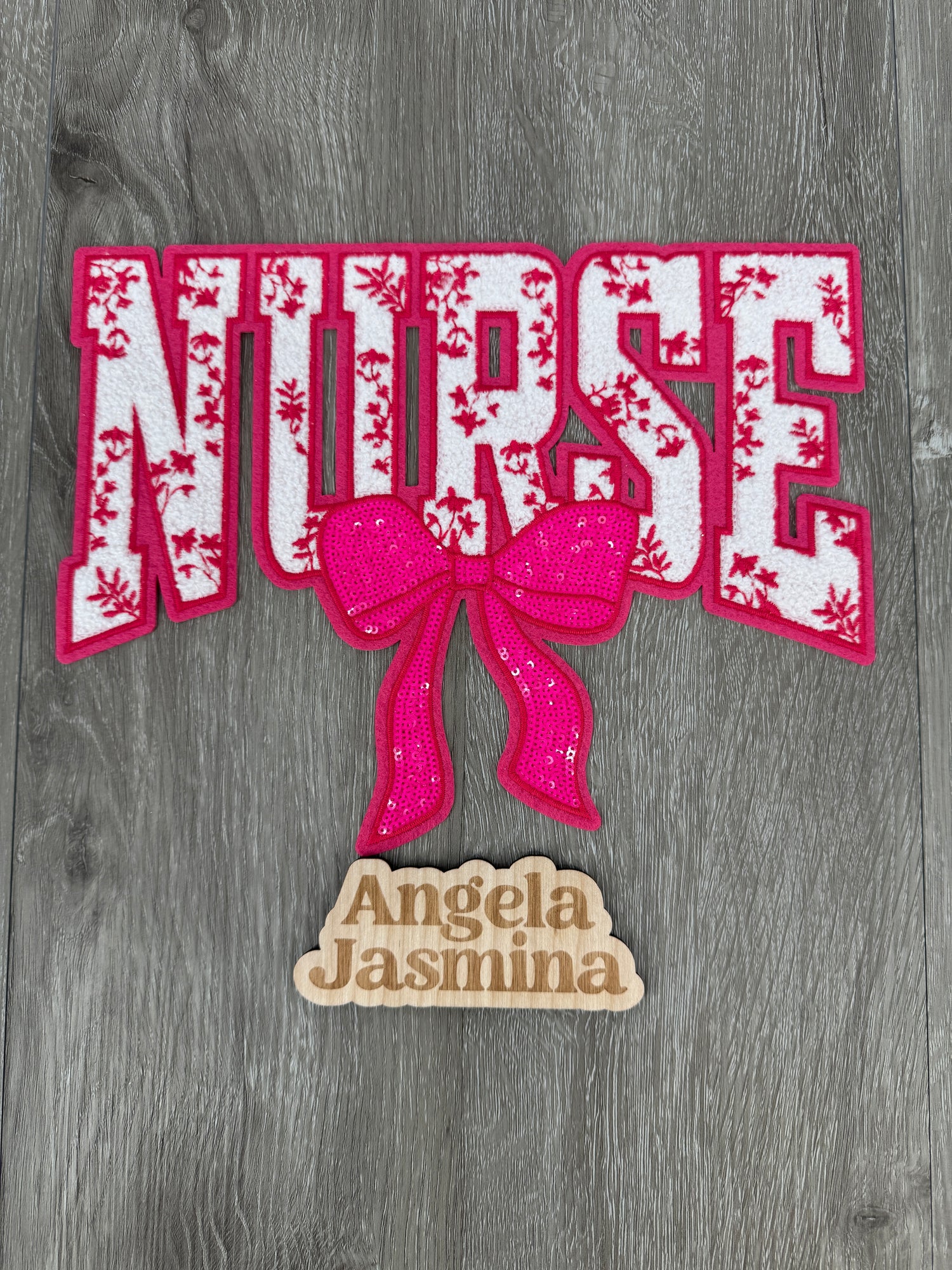 HOT PINK Nurse Floral Bow Sequins and Chenille Patch