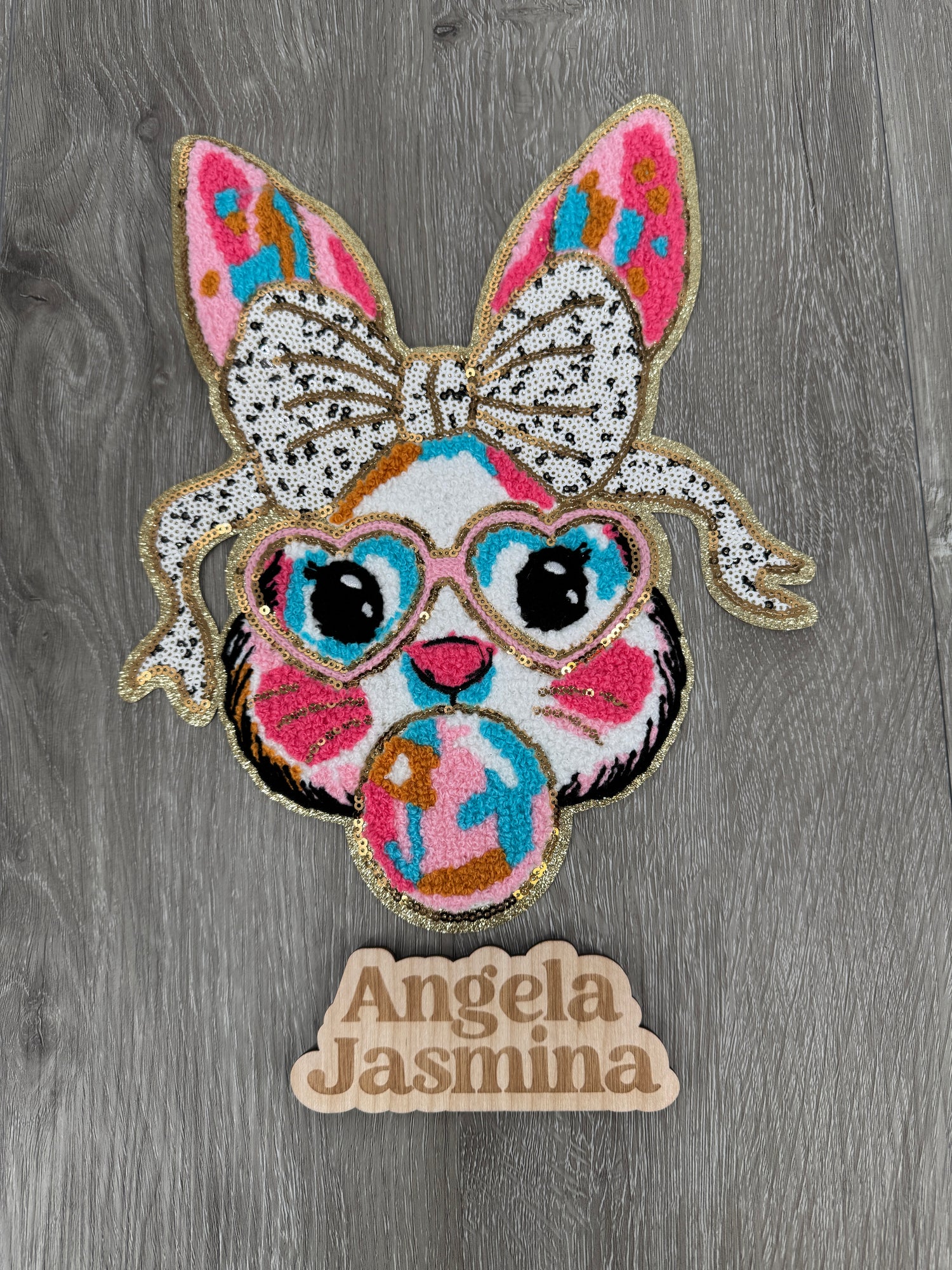 Colorful Bunny with Bow Bubble Gum Sequins and Chenille Patch