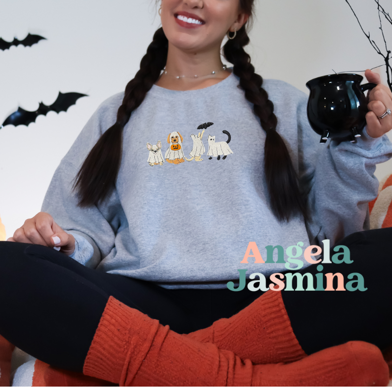 Ghost Cat and Dog Grey Embroidered Sweatshirt