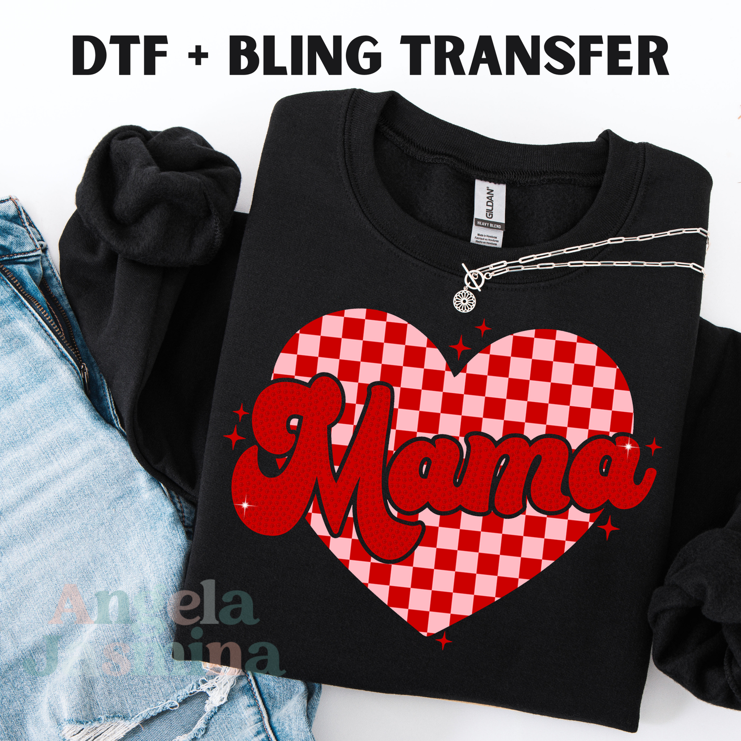 Mama Retro Heart DTF & Red Bling Spangle Transfer