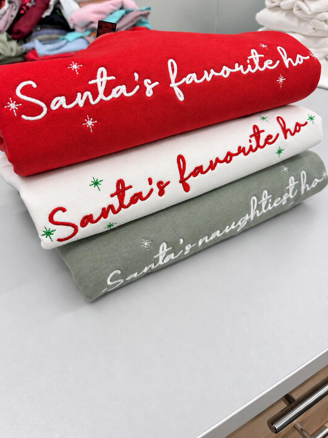 Santas Favorite Ho or Naughtiest Ho Embroidered Christmas Sweatshirt