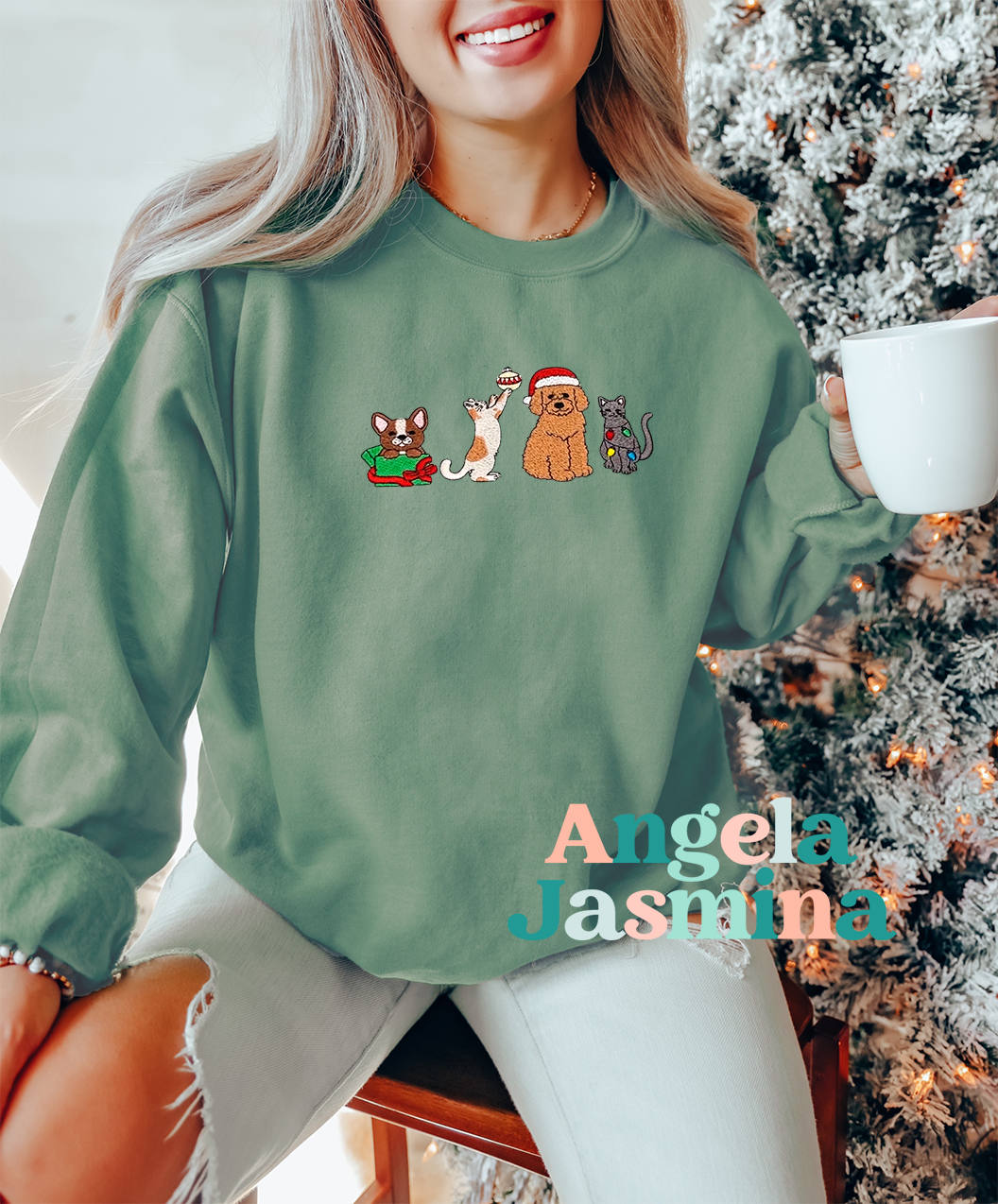 Christmas Cat & Dogs Embroidered Sweatshirt