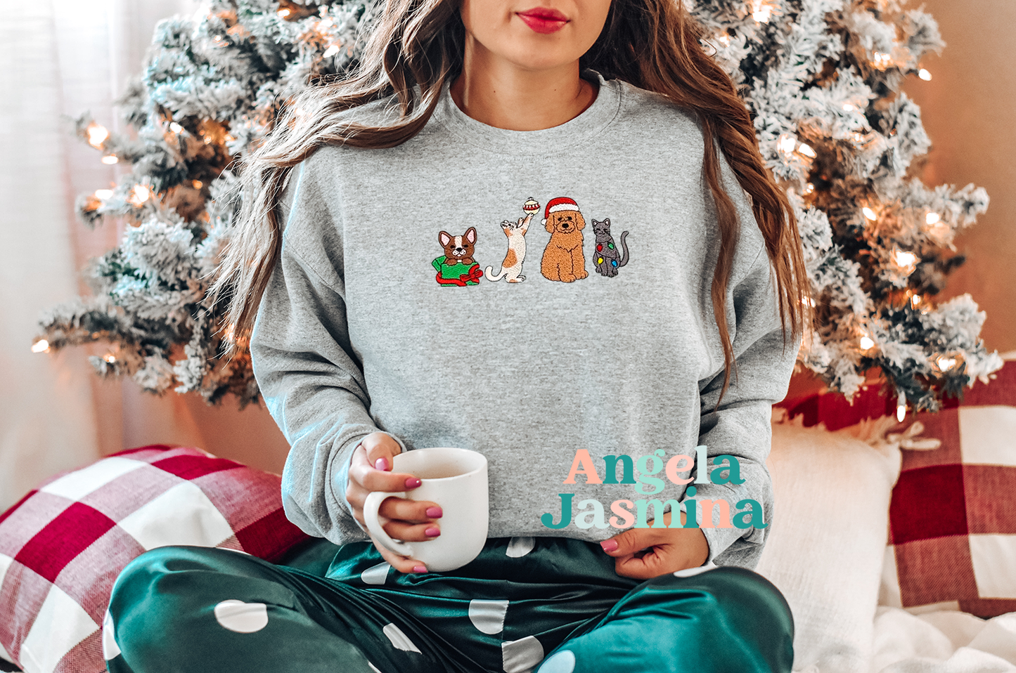 Christmas Cat & Dogs Embroidered Sweatshirt