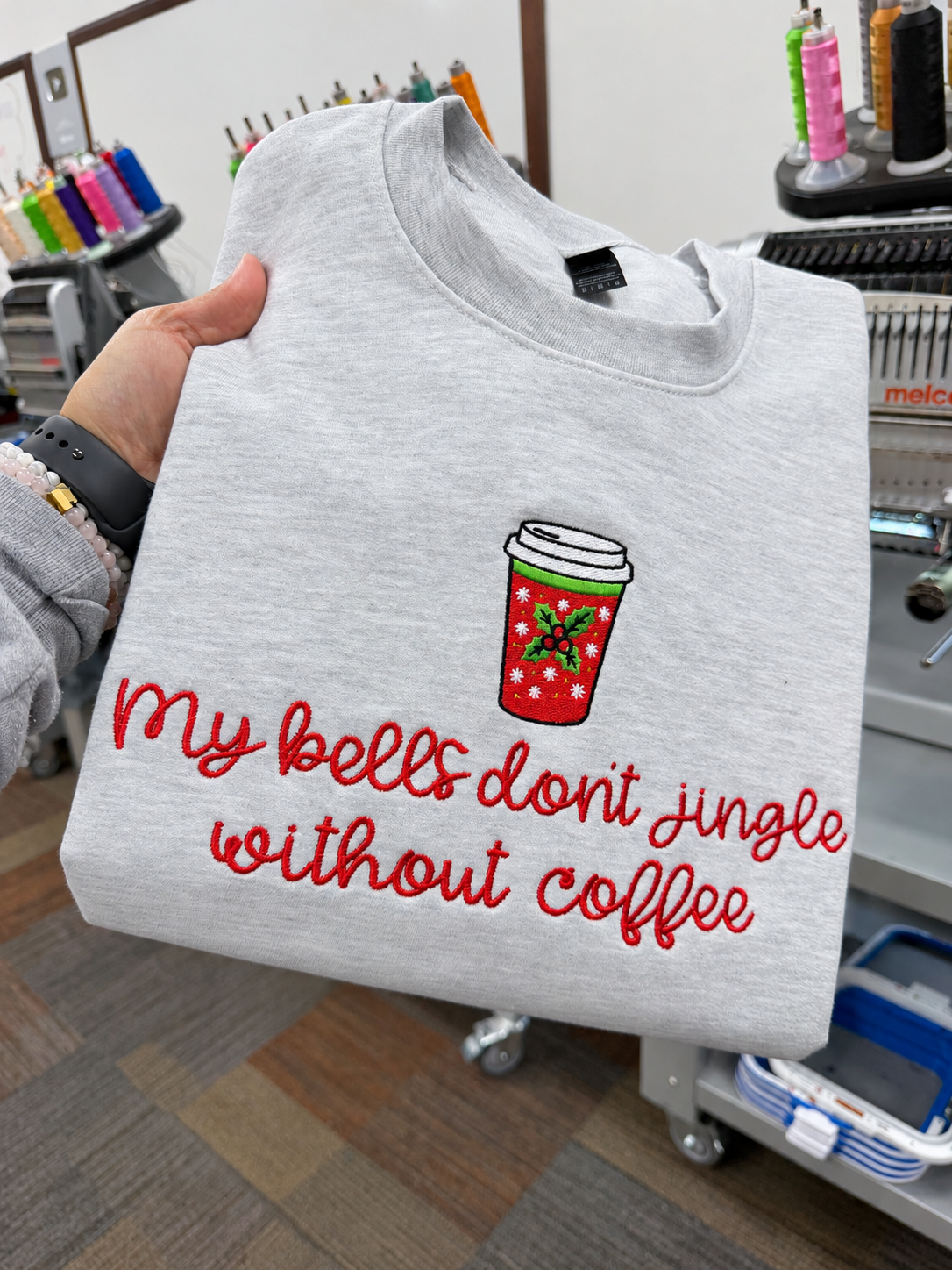 My bells dont jingle without coffee embroidered christmas sweatshirt