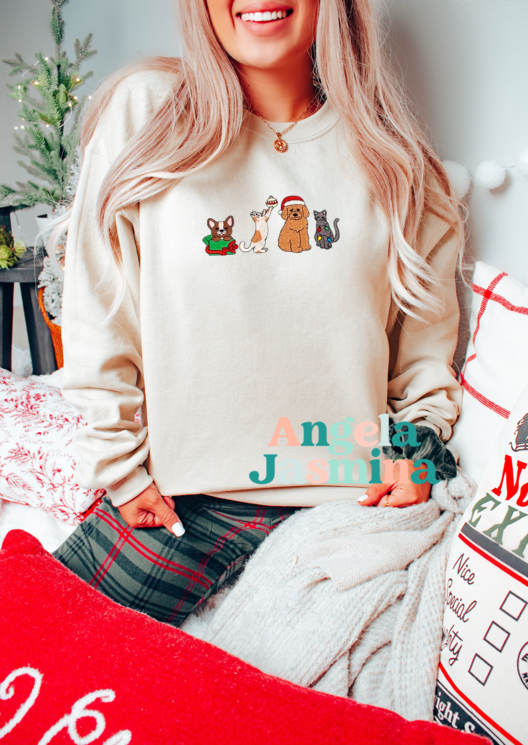 Christmas Cat & Dogs Embroidered Sweatshirt
