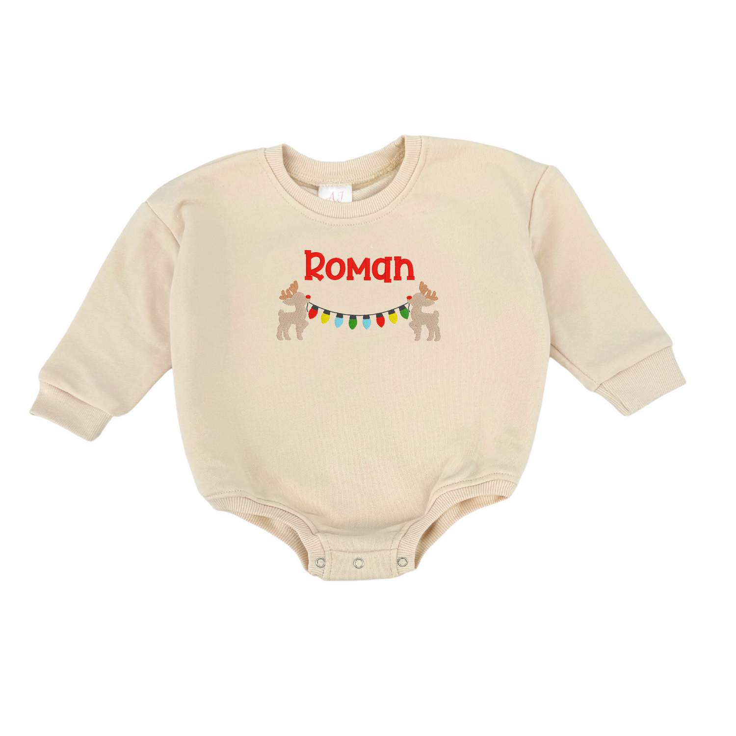 Personalized Reindeer Christmas Lights Sweatshirt Bubble Romper