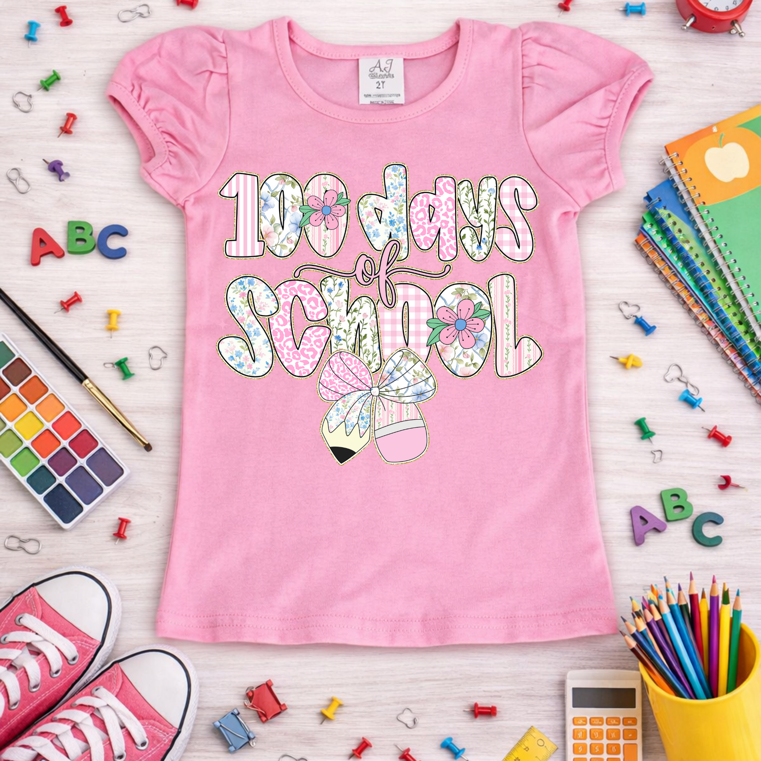 KIDS 100 Days of School Pastel Pencil Bow DTF TRANSFER