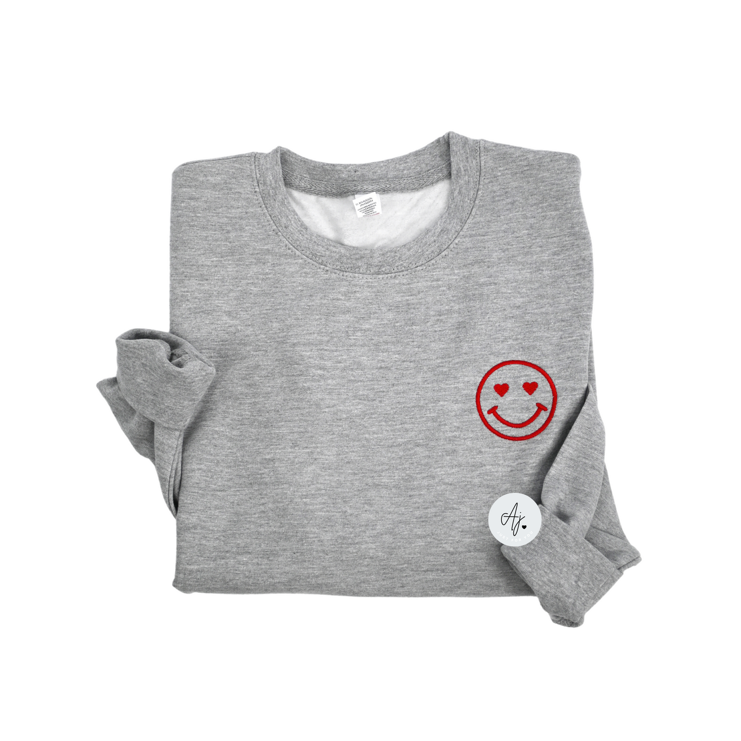 Gray Heart Eyes Smile Valentine Crewneck Embroidered Sweatshirt
